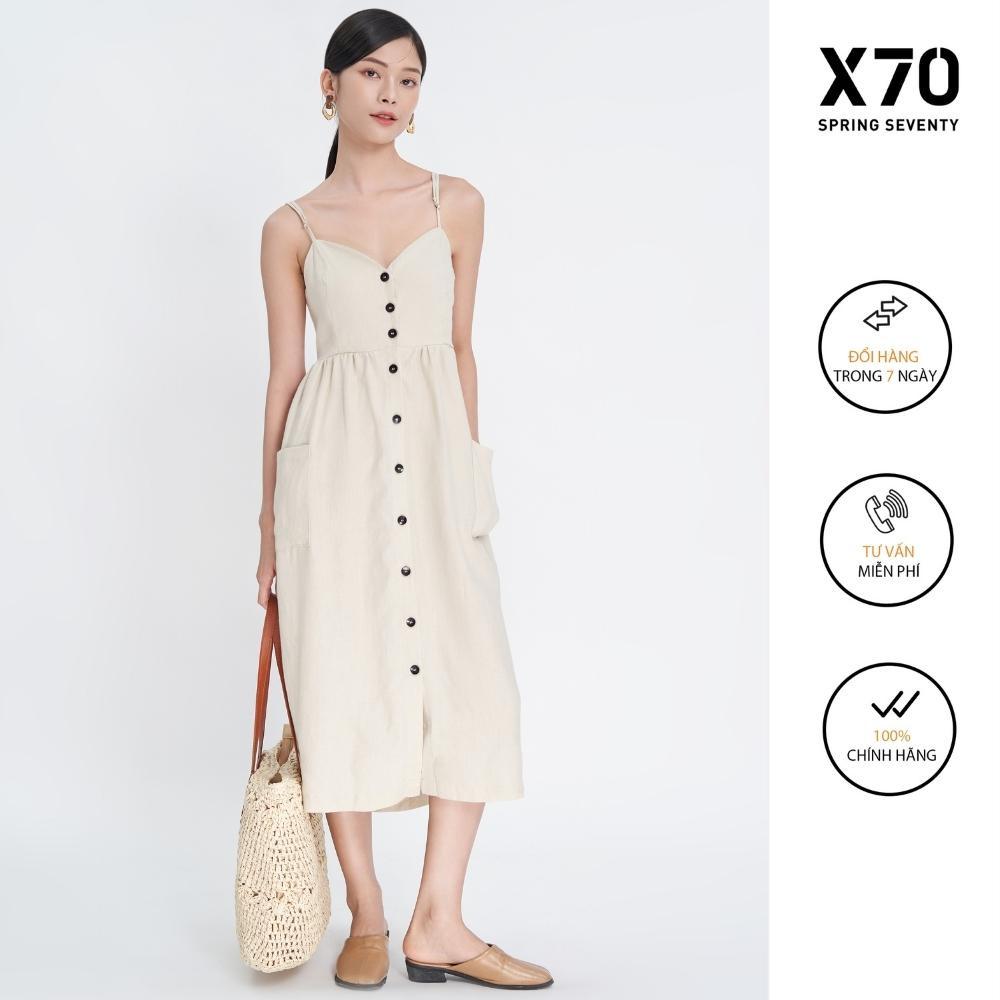 Đầm Nữ Linen Kiểu Dáng 2 Dây Có Túi Thiết Kế Đính Nút Thời Trang X70 - 00880002