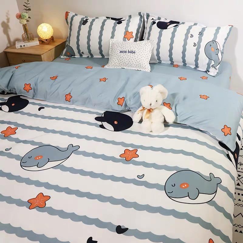 Bộ chăn ga gối Cotton Poly M2T bedding Cá heo, vỏ chăn mền, drap giường và 2 vỏ gối