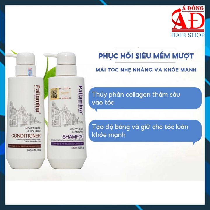 Cặp dầu gội xả Pallamina Collagen Moisturize & Smooth phục hồi siêu mượt tóc cao cấp 400mlx2