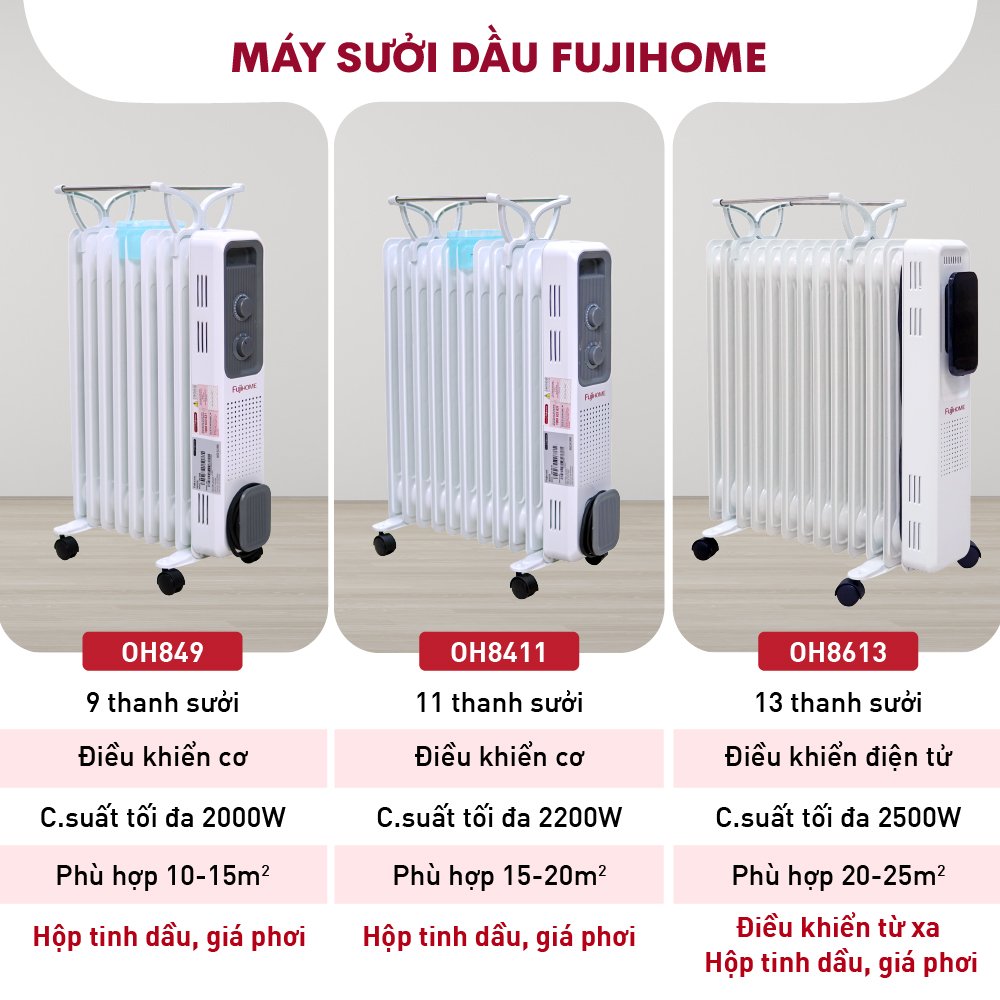 Máy sưởi dầu điều khiển từ xa không khô da Fujihome OH8613, máy sưởi ấm điện 13 thanh màn điện tử cảm ứng , tự ngắt an toàn tiết kiệm điện - Hàng chính hãng