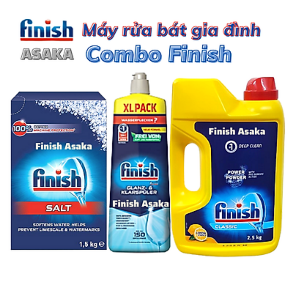 Bộ 3 sản phẩm Bột rửa bát finish 2.5kg+nước bóng 1150ml+Muối rửa chén finish 1.5kg cho Máy