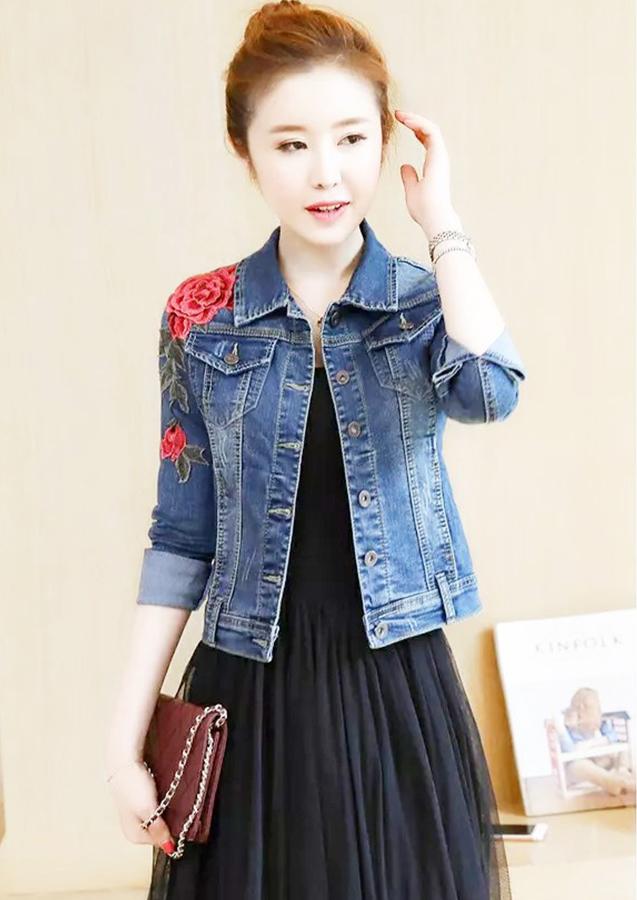 Áo Khoác Jeans Nữ Thêu Hoa Hồng BY1053 - Xanh Đen (Size