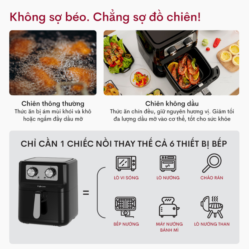 Nồi chiên không dầu FUJIHOME A5 dung tích 5 lít, Công suất 1600W, Đa dạng chức năng nướng, Điều khiển cơ dễ dàng sử dụng bền đẹp, Hàng chính hãng BH 24 tháng