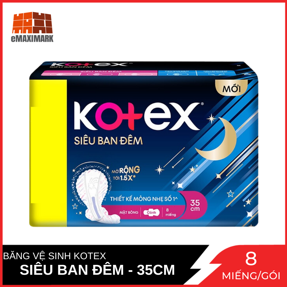 Băng Vệ Sinh Có Cánh 35cm Kotex Siêu Ban Đêm 9 Giờ Chống Tràn 8 miếng