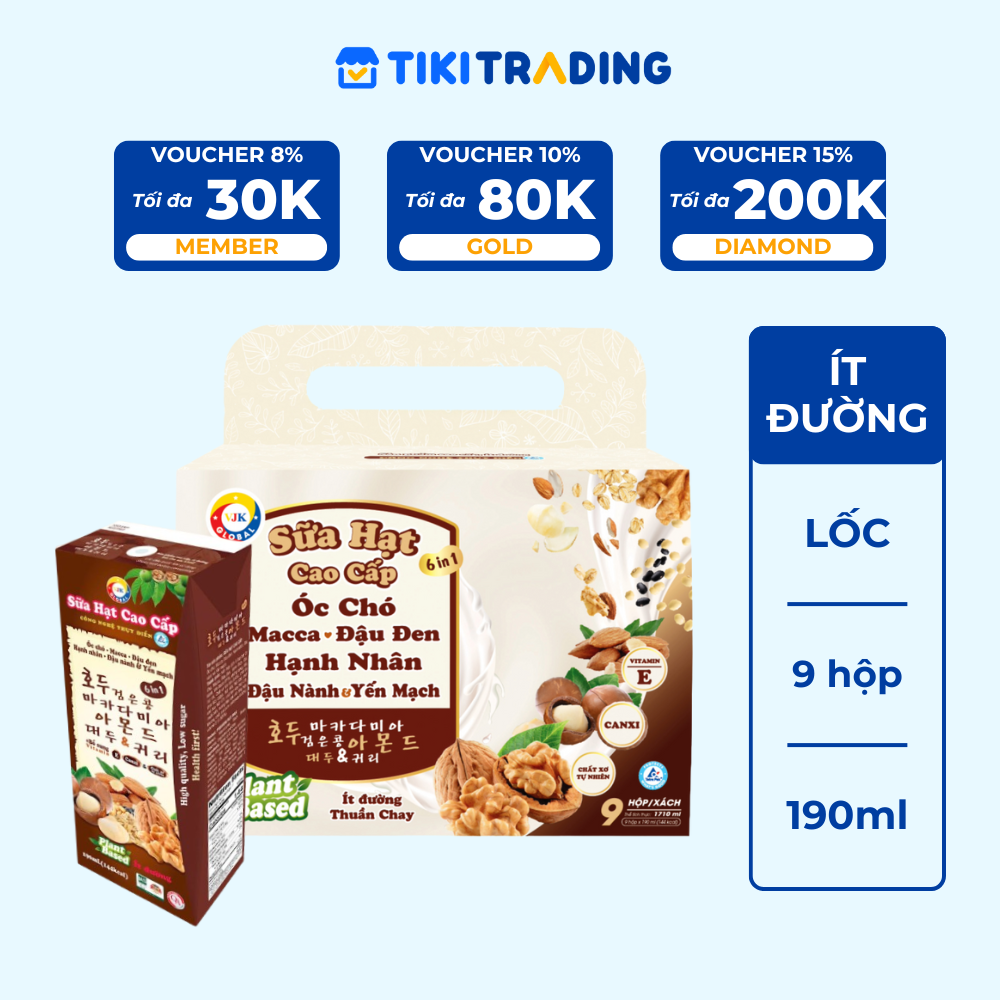 Sữa hạt cao cấp Óc chó - Macca - Đậu Đen - Hạnh Nhân - Đậu Nành &amp; Yến Mạch ít đường 190ml (9 hộp/lốc)