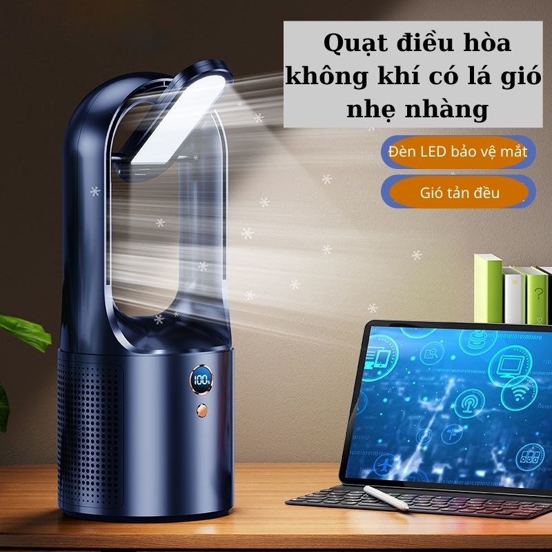 Quạt Không Cánh Cao Cấp, Kiêm Đèn Học Chống Cận Thị, Có 6 Chế Độ gió, Quạt Sạc Điện Để Bàn kiêm Đèn Ngủ, Đèn Học, Tiện Lợi Hơn Quạt Mini, Quạt Đeo Cổ