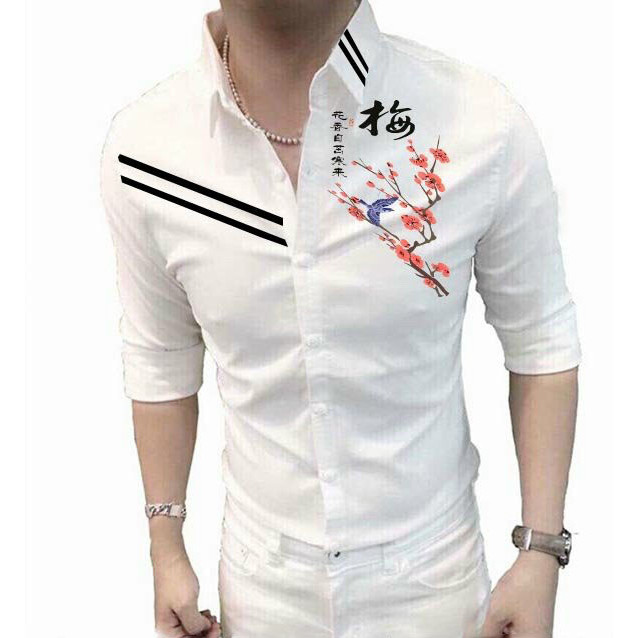 Áo sơ mi nam dài tay viền chéo họa tiết hoa lá