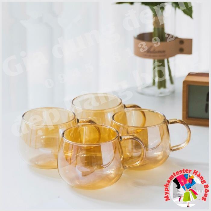 Bộ bình và cốc trứng thủy tinh chịu nhiệt vàng hổ phách