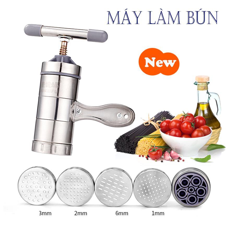 Máy làm bún, nui, phở, bánh canh tươi ngay tại nhà với 5 đầu thay khác nhau, thiết kế đơn giản, dễ sử dụng, chống dính, dễ dàng vệ sinh sau khi dùng, chất liệu 100% inox 304 siêu bền