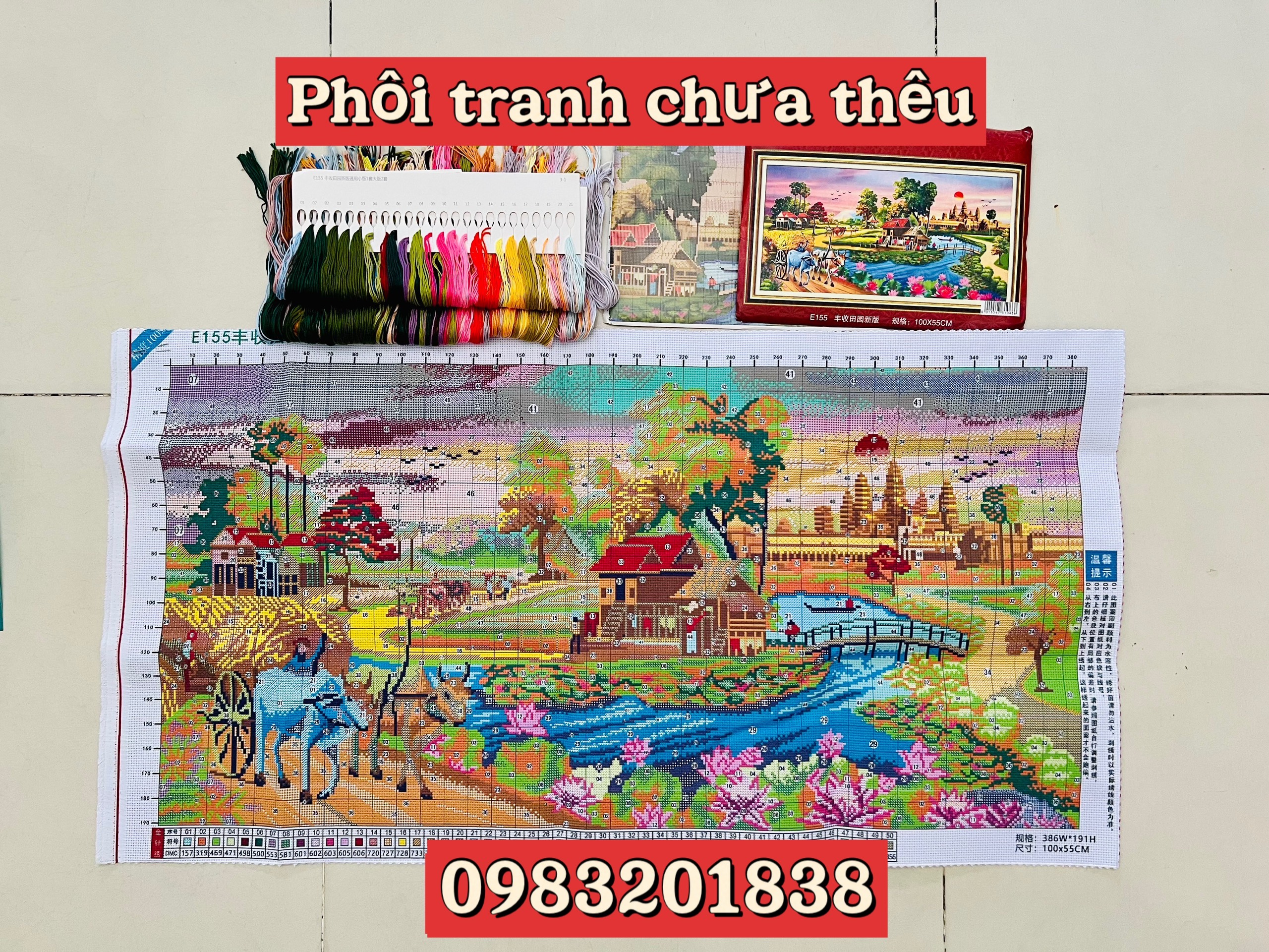 Tranh thêu kín Phong cảnh làng quê E155, kích thước 100 x 55 cm