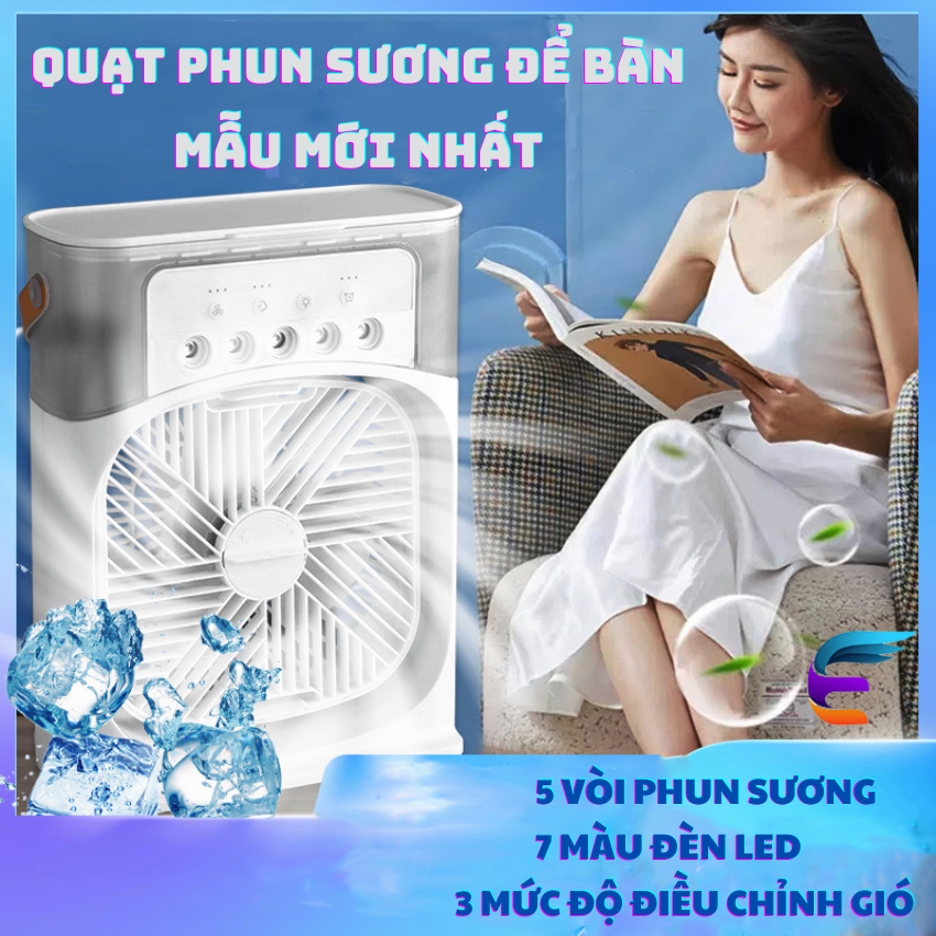 Quạt phun sương để bàn nhỏ gọn, tiện lợi, có 5 vòi phun sương quạt hơi nước kèm đèn led 7 màu tùy chỉnh có chế độ hẹn giờ cùng 3 chế độ phun sương làm mát mẫu mới nhất