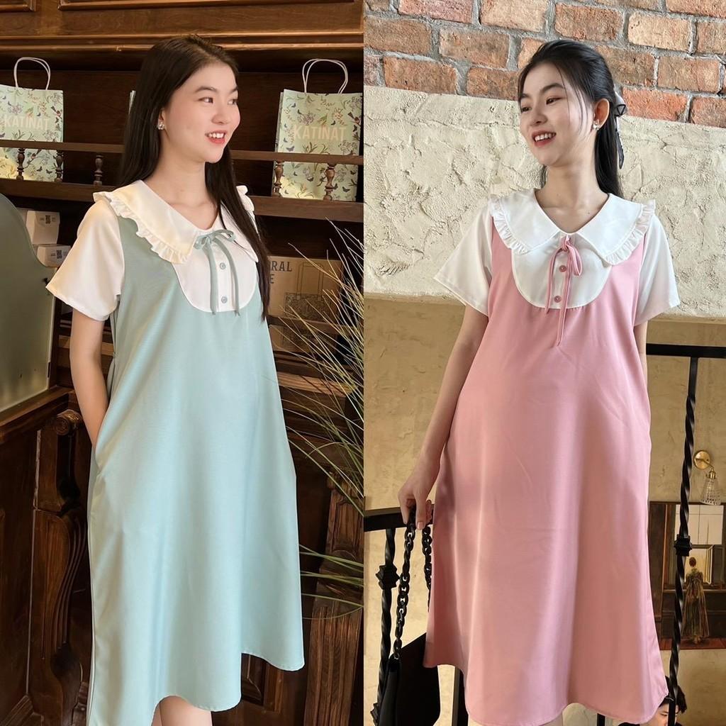 Đầm bầu giả yếm cổ sen bèo form suông công sở cotton lạnh mặc mát mẻ, trẻ trung - Hồng