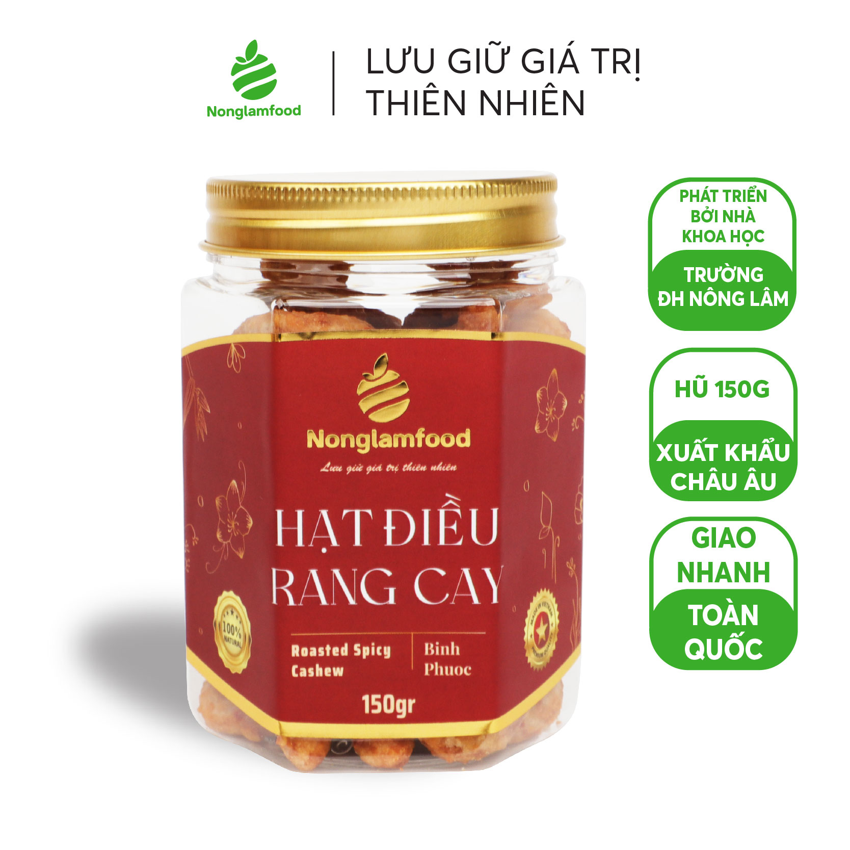 Hạt điều Bình Phước rang cay Nonglamfood hũ 150g | Quà tặng cao cấp | Quà Tết 2023