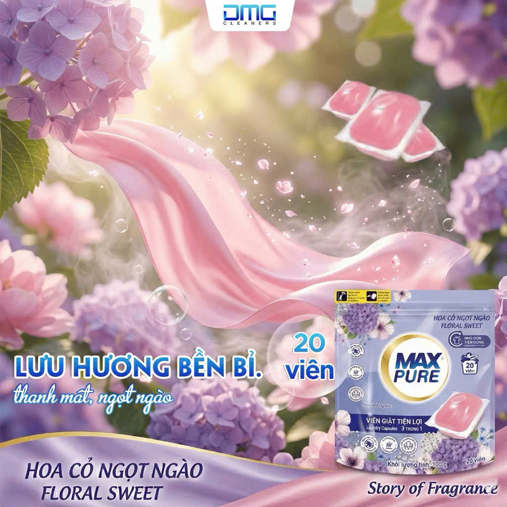 Túi 20 Viên Giặt Tiện Lợi 3 trong 1 Maxpure Hương Hoa Cỏ Ngọt Ngào