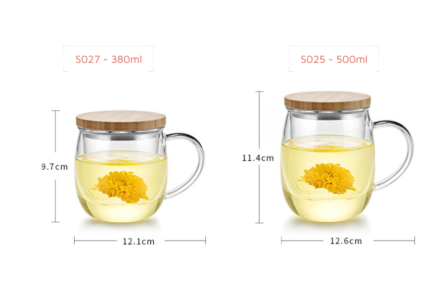 Ly lọc trà thủy tinh chịu nhiệt lõi thủy tinh nắp gỗ S027A 380ml