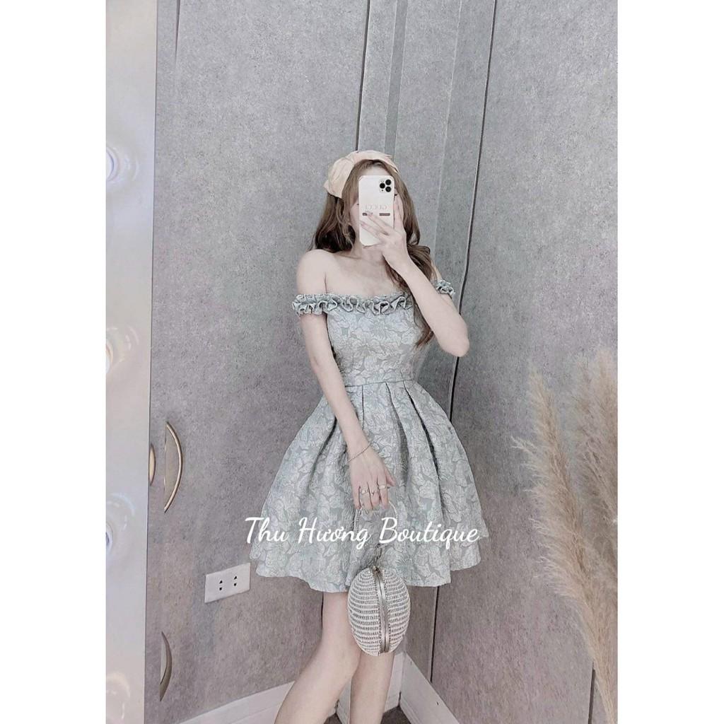 Đầm dự tiệc trễ vai , chân váy xếp ly hộp chất gấm xốp hoa ly 3D. Váy đẹp dự tiệc