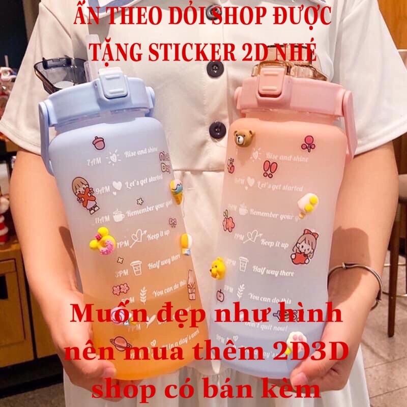 Bình Nước 2 Lít Nhắc nhở uống nước Mỗi Ngày Tiện Lợi An Toàn Cho Sức Khoẻ có miếng dán stick dễ thương