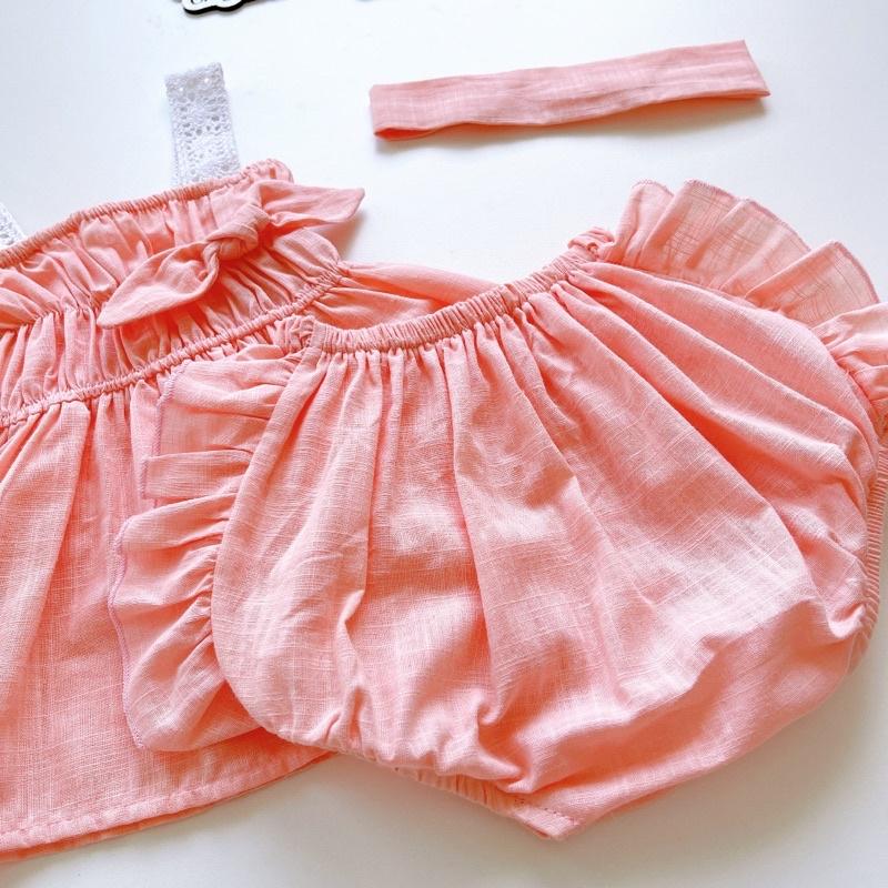 Sét Bộ Màu Hồng Phấn Bé Gái 3 Đến 12kg Chất Linen Bột Mềm Mát