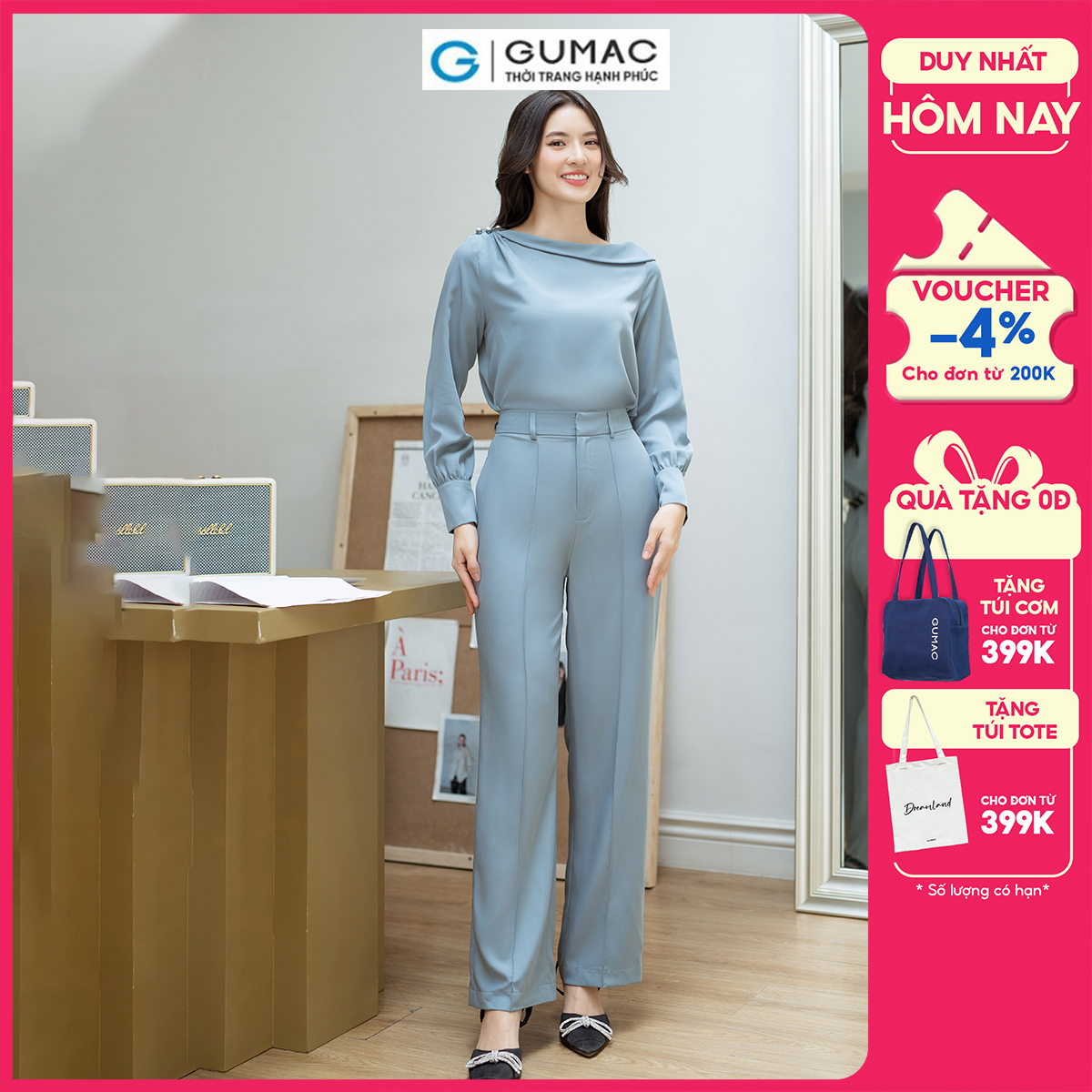 Quần suông chiết ly GUMAC QD08062