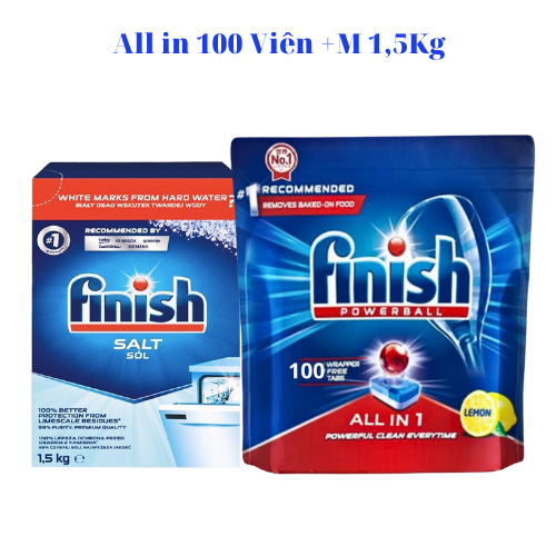 combo Viên rửa bát finish all in one 100 viên+Muối rửa bát finish 1.5kg cho Máy rửa bát