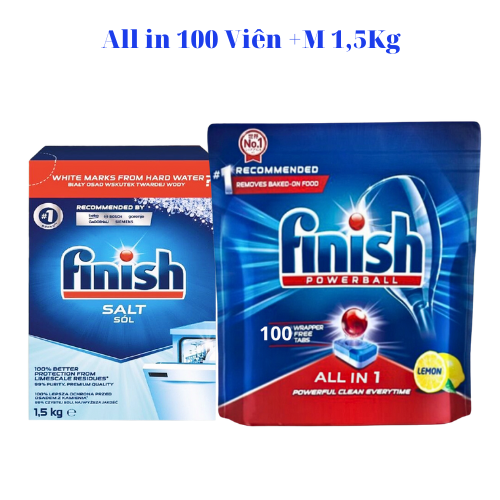 Combo : Viên rửa Finish All in one 100 + Muối Finish 1,5kg