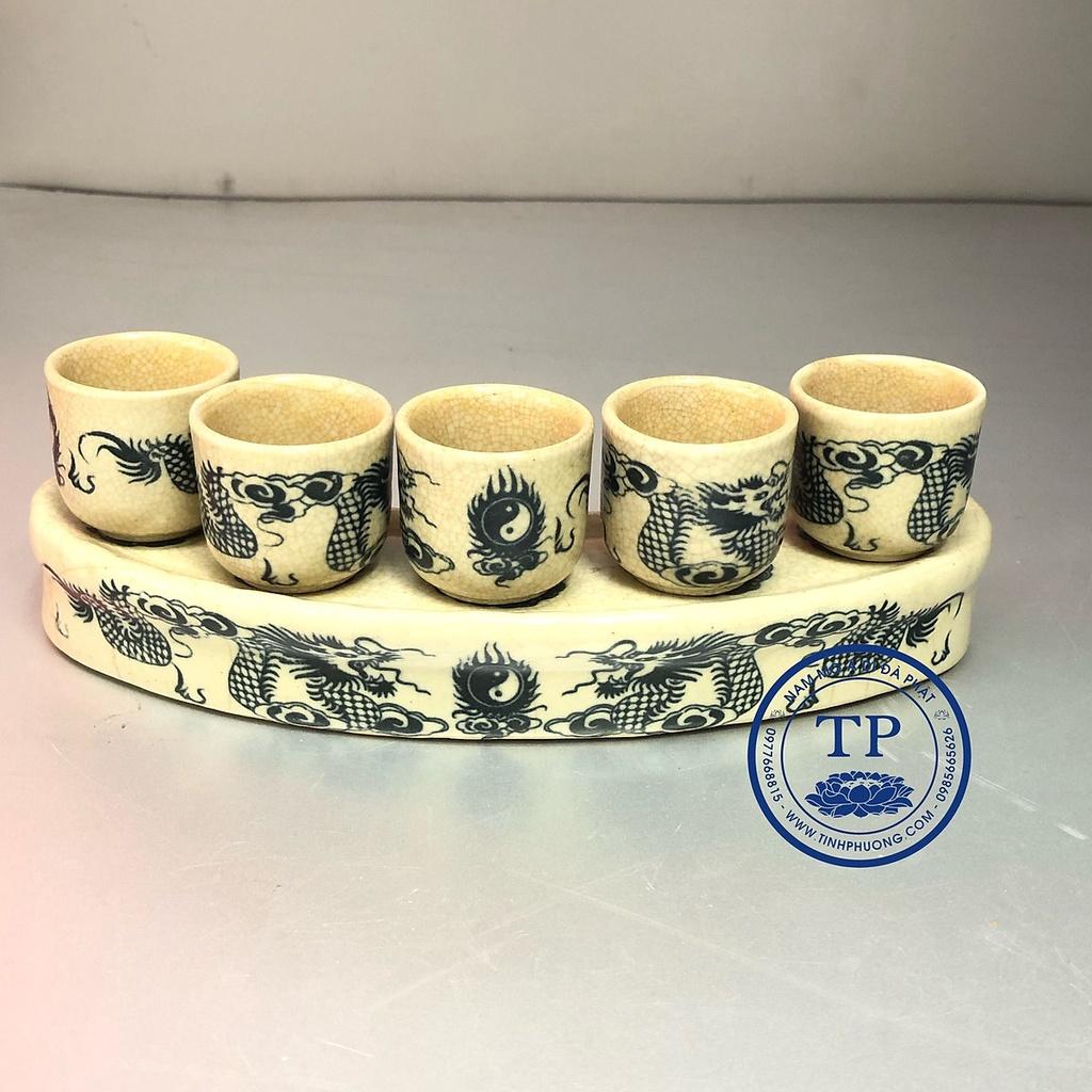 Bộ kỷ 5 ly cúng nước bằng sứ men rạn cổ hoạ tiết rồng TM121189- Đồ thờ Tịnh Phương