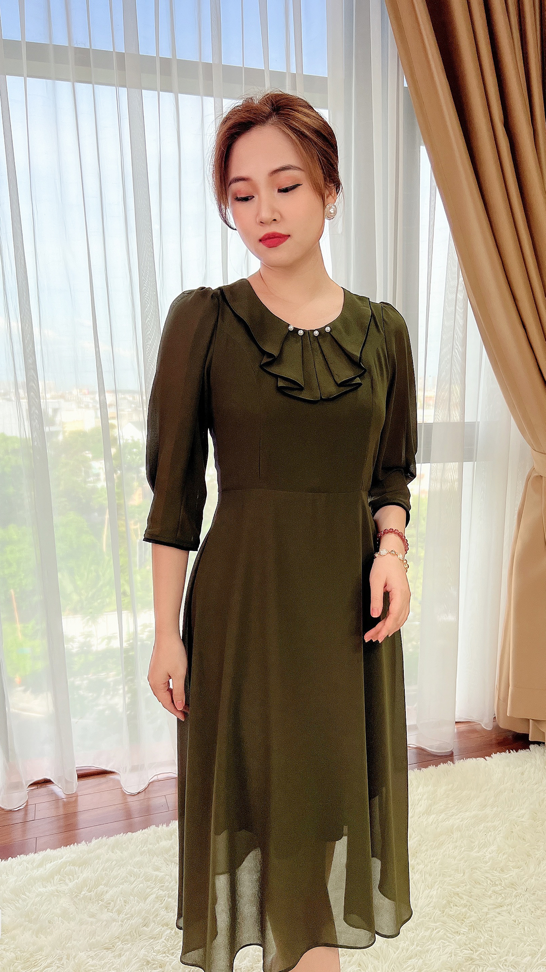 [LINH TRÀ] (TM 289) đầm voan dáng xòe điểm nhấn kết ngọc thanh lịch