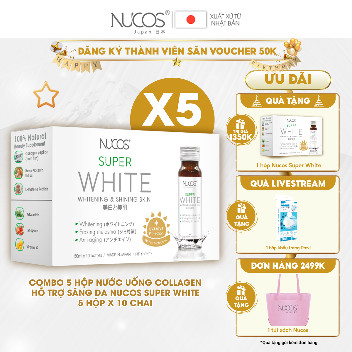 Combo 5 hộp Collagen trắng da mờ thâm nám Nucos Super White 50ml x 10 chai