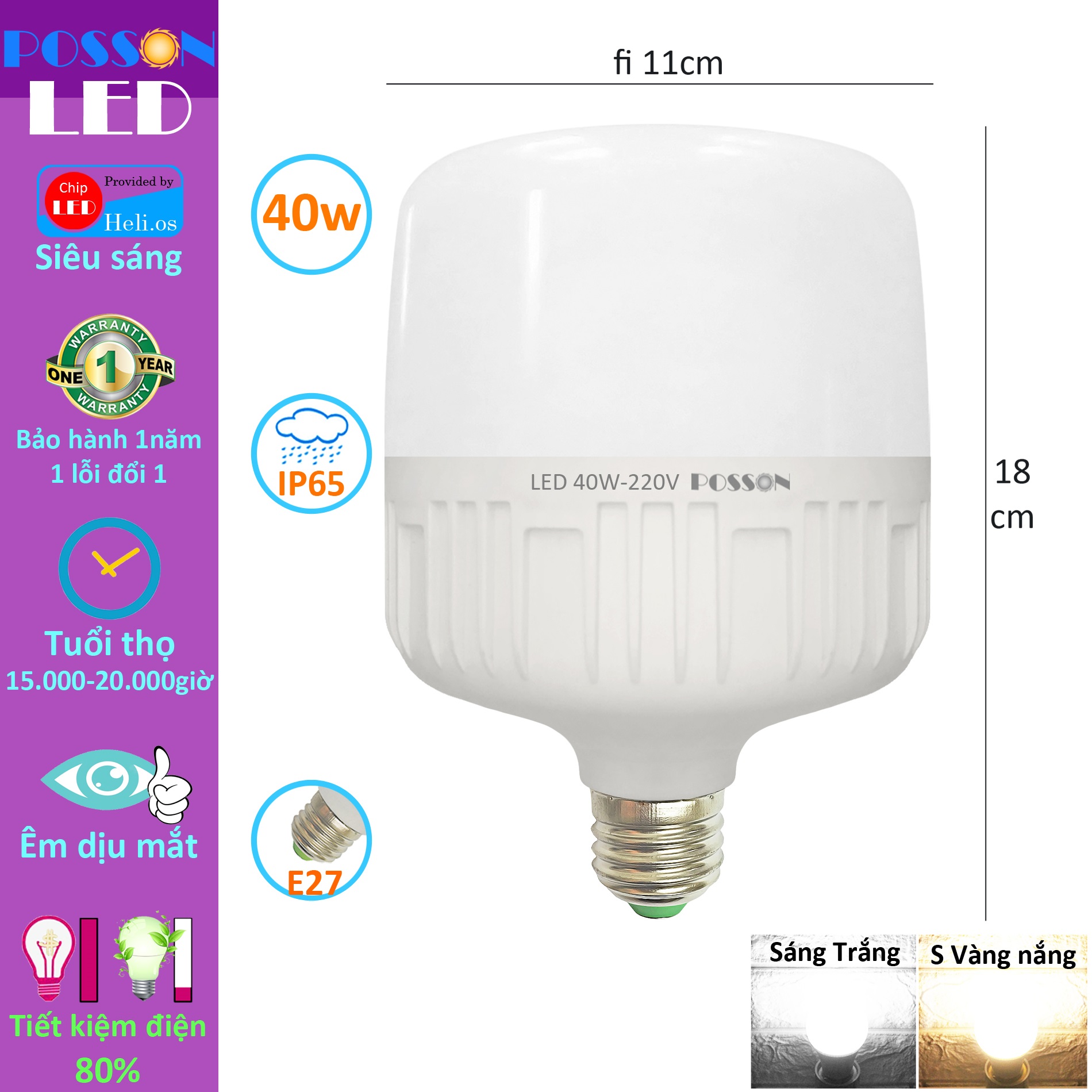 10 Bóng đèn Led trụ 40w bup trụ T110 bulb siêu sáng tiết kiệm điện kín chống nước Posson LC-40x- vàng nắng 40w