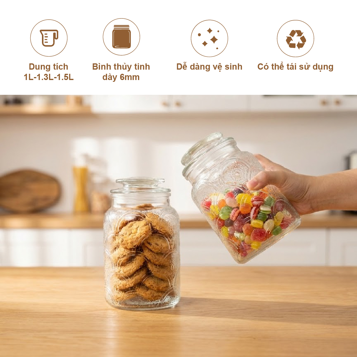 Bộ 3 Hũ Thủy Tinh Đựng Thực Phẩm Lebenlang LBL1210, Nắp Kín, Hoa Văn, Dung Tích 1L, 1.3L, 1.5L - hàng chính hãng