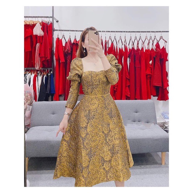 Đầm xoè dự tiệc gấm tay dài phồng TRIPBLE T DRESS - size M/L - MS204