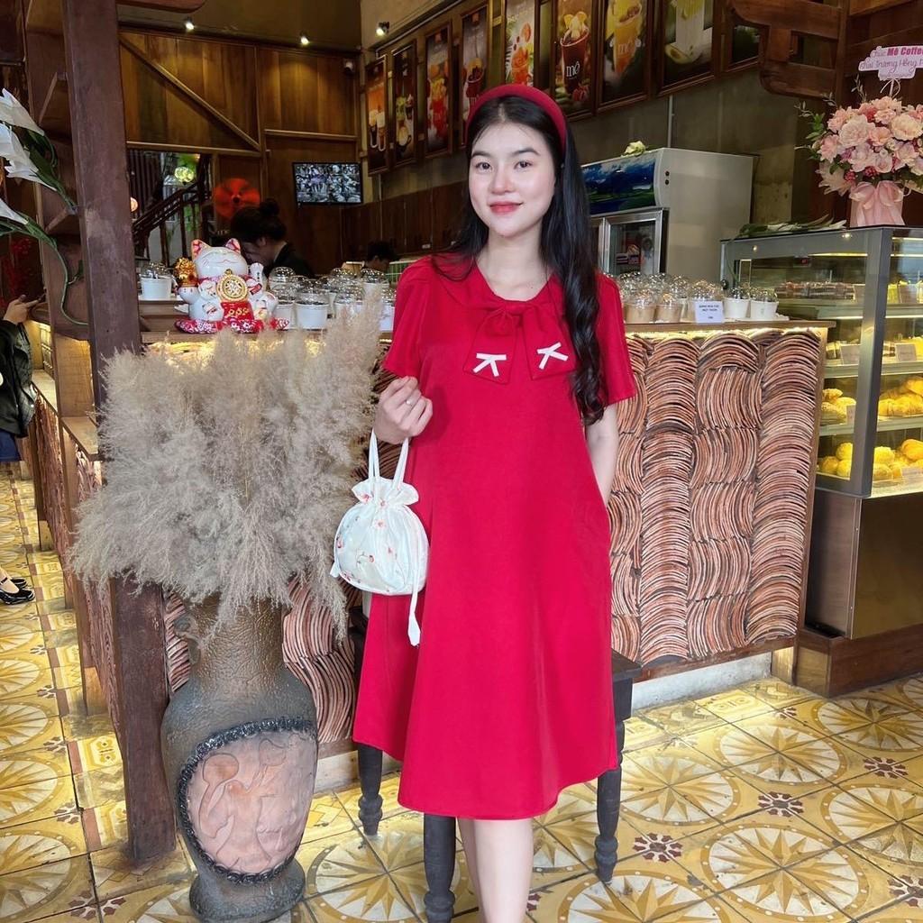 Đầm bầu cotton lạnh phối cổ thắt nơ phom suông gọn dáng, thanh lịch, dễ thương - Xanh đen