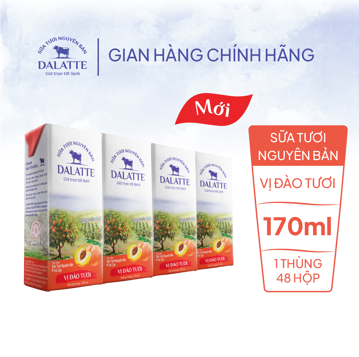 Combo 4 Lốc (16 hộp) - DALATTE 170ml SỮA TƯƠI NGUYÊN BẢN tiệt trùng Vị đào tươi Giữ trọn nguyên bản, trao trọn tốt lành