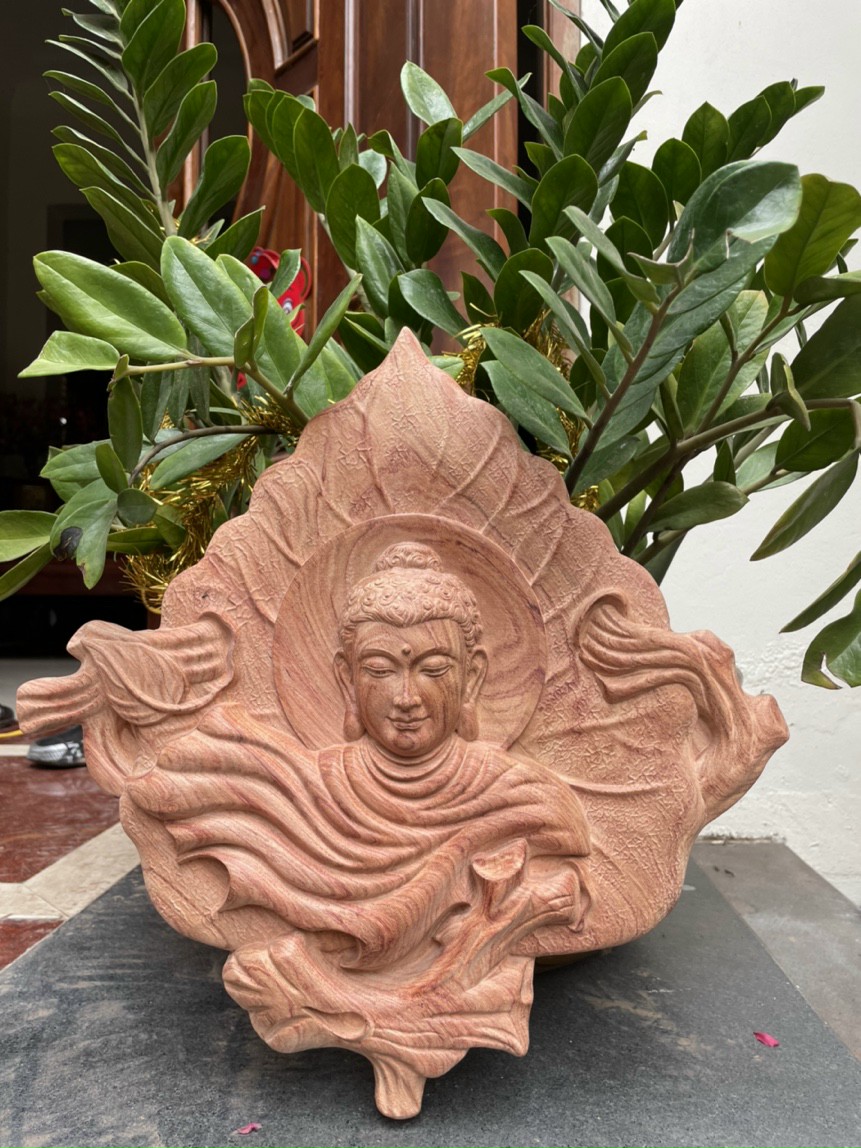Diện phật thích ca lá bồ đề bằng gỗ hương đá kt mặt rộng 40×40×3,5cm