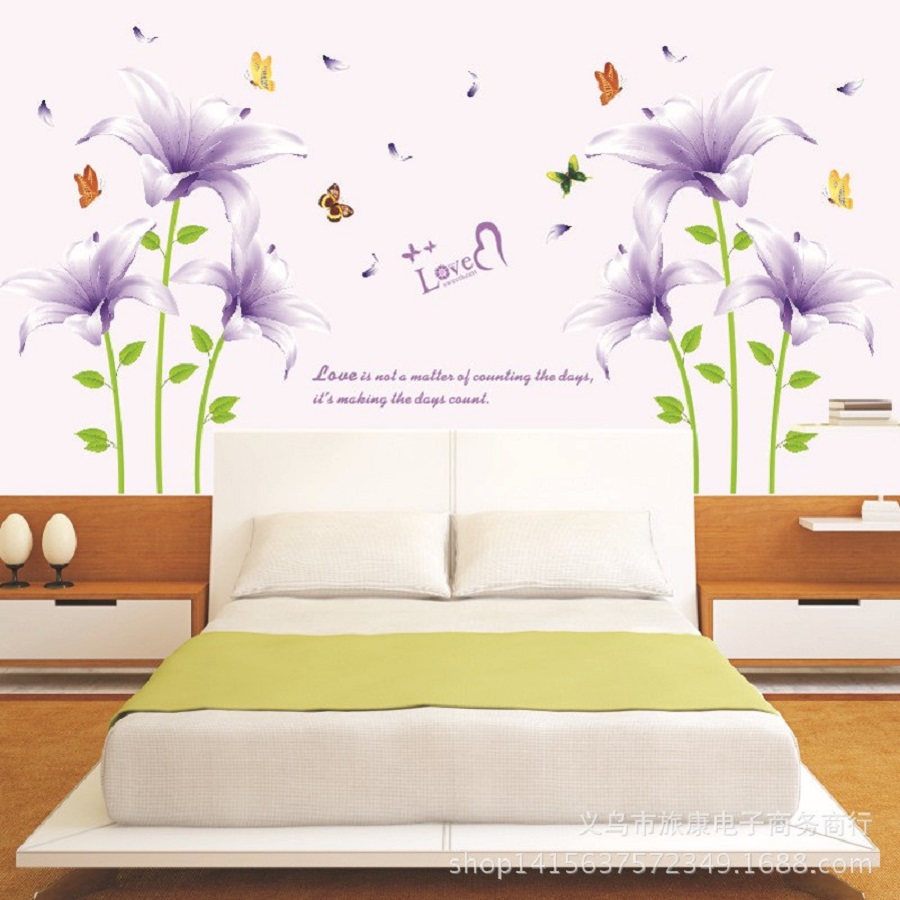 Decal dán tường phòng ngủ trang trí spa combo đôi hoa tím sang trọng và lãng mạn