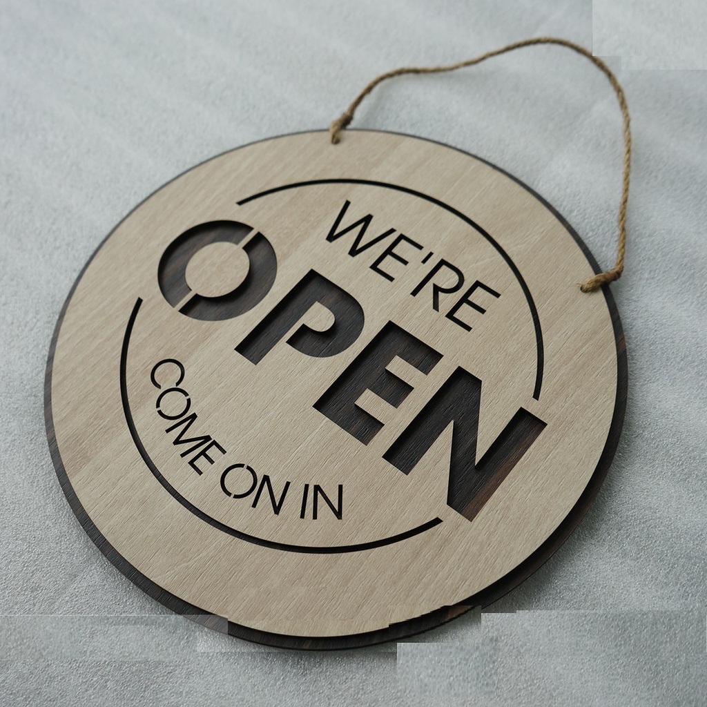 Bảng gỗ treo cửa hàng Open Closed trang trí quán 2 mặt có dây treo
