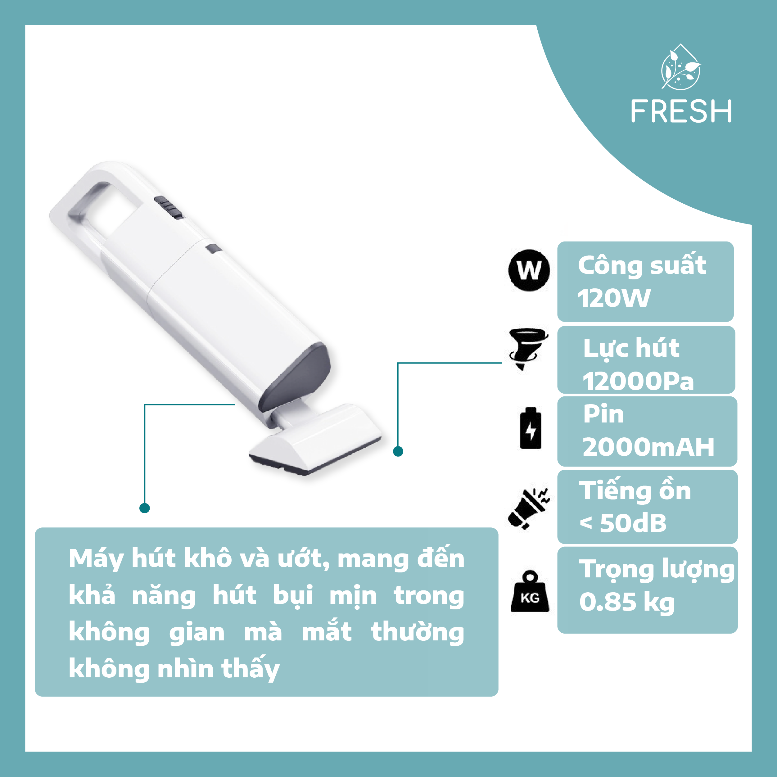 Máy Hút Bụi Cầm Tay 120W Sạc Điện Không Dây Dành Cho Gia Đình - FRESH