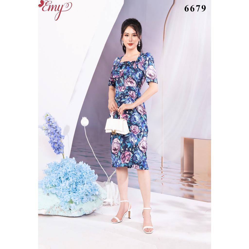 Đầm EMY EM6679 Body Cổ Vuông Lụa Vân Hàn