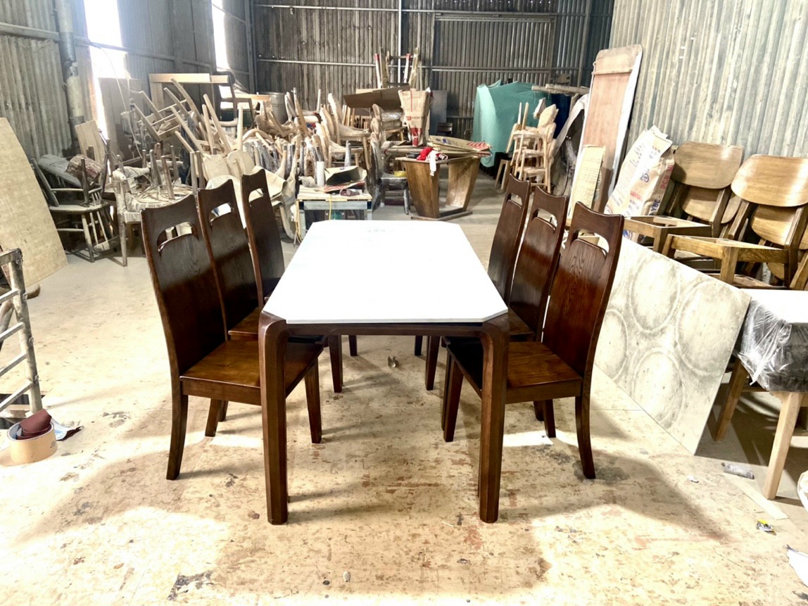 Bàn ghế ăn gỗ sồi cao cấp (bàn 160cm mặt bàn màu trắng+6 ghế tựa lưng cao)