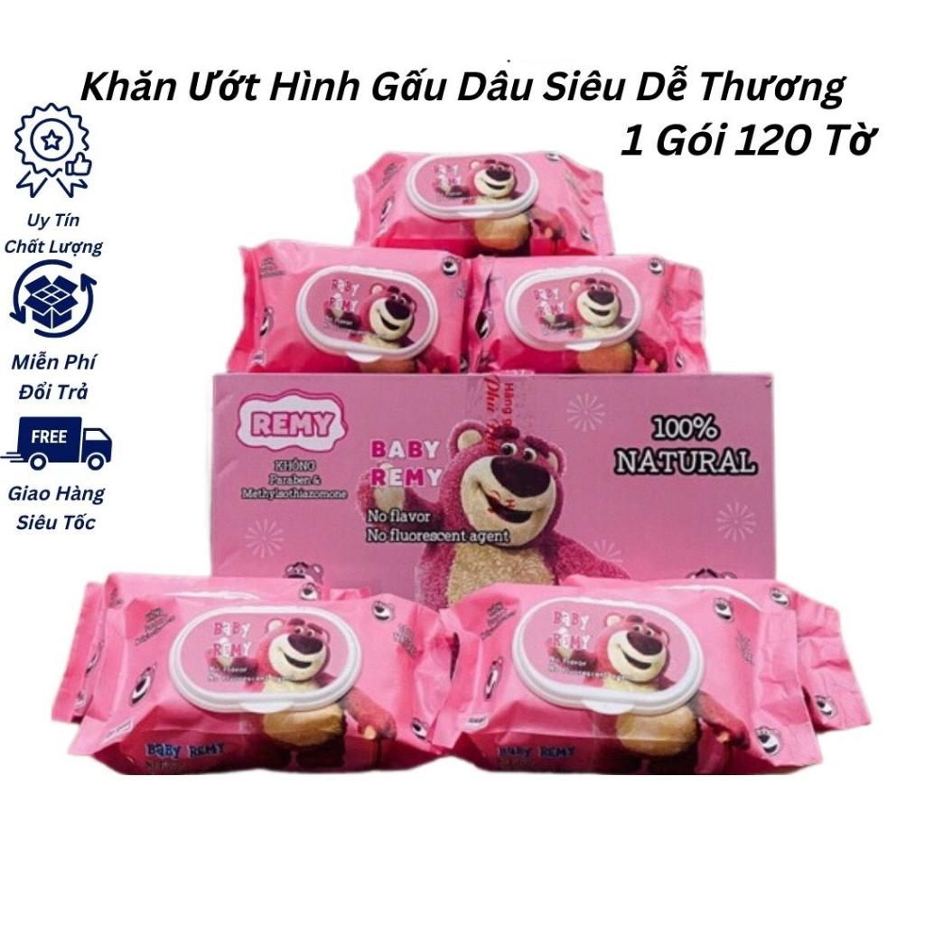 BÁN LẺ 1 GÓI Khăn Ướt Gấu Dâu Gấu Hồng LOTSO Dạng Rút 120 Tờ/Gói