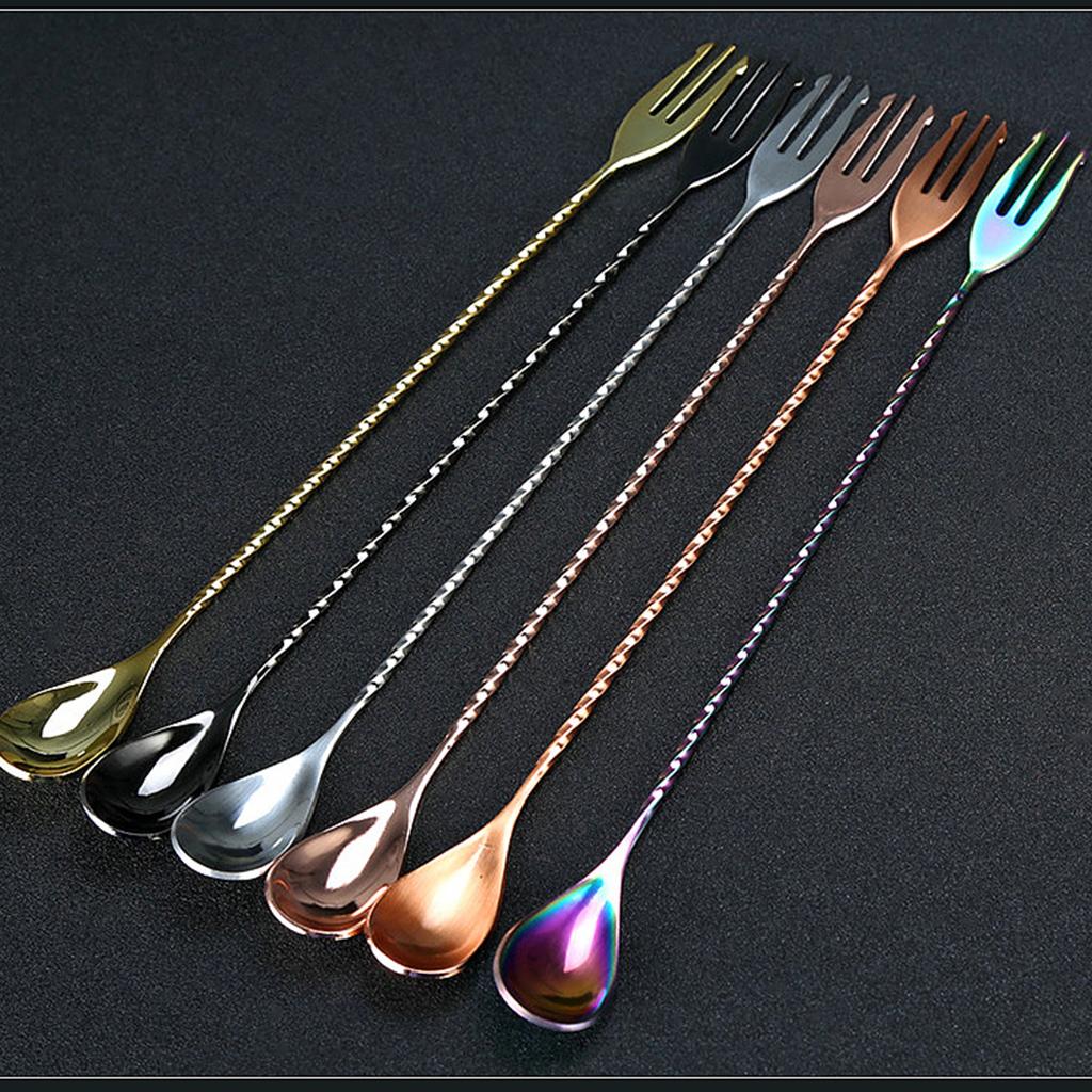 Stainless Steel Bar Cocktail Spoon Long Fine Thread Handle Mixing Spoon with Fork