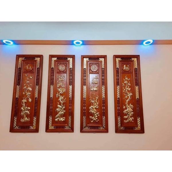 Tranh Tứ quý Vinh Hoa Phú Quý  (107cm x 37cm x 3cm) - Gỗ Hương Đỏ Treo Tường