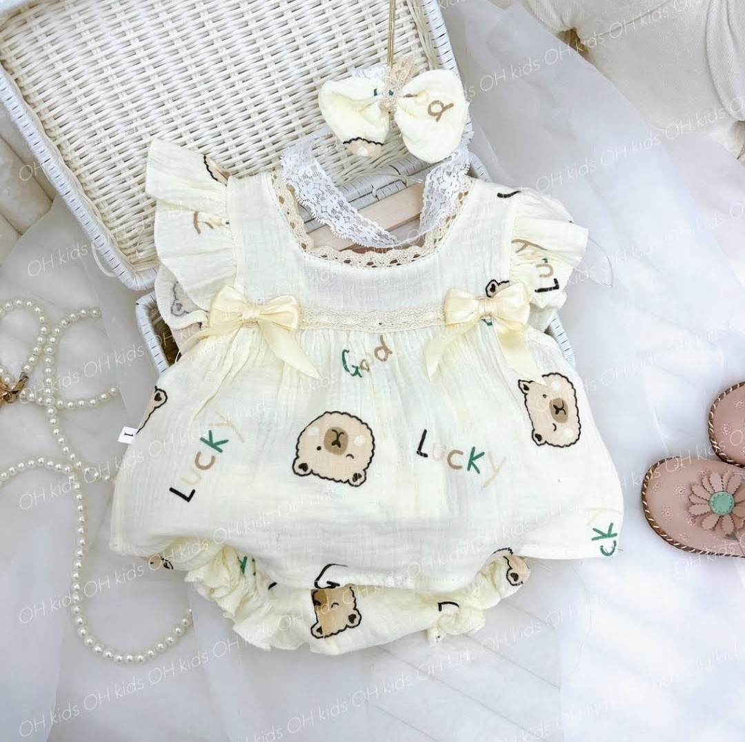 Quần áo cộc cho bé gái, quần áo ngắn vải xô muslin cánh tiên, ren điệu đà sang trọng tặng kèm băng đô theo bộ