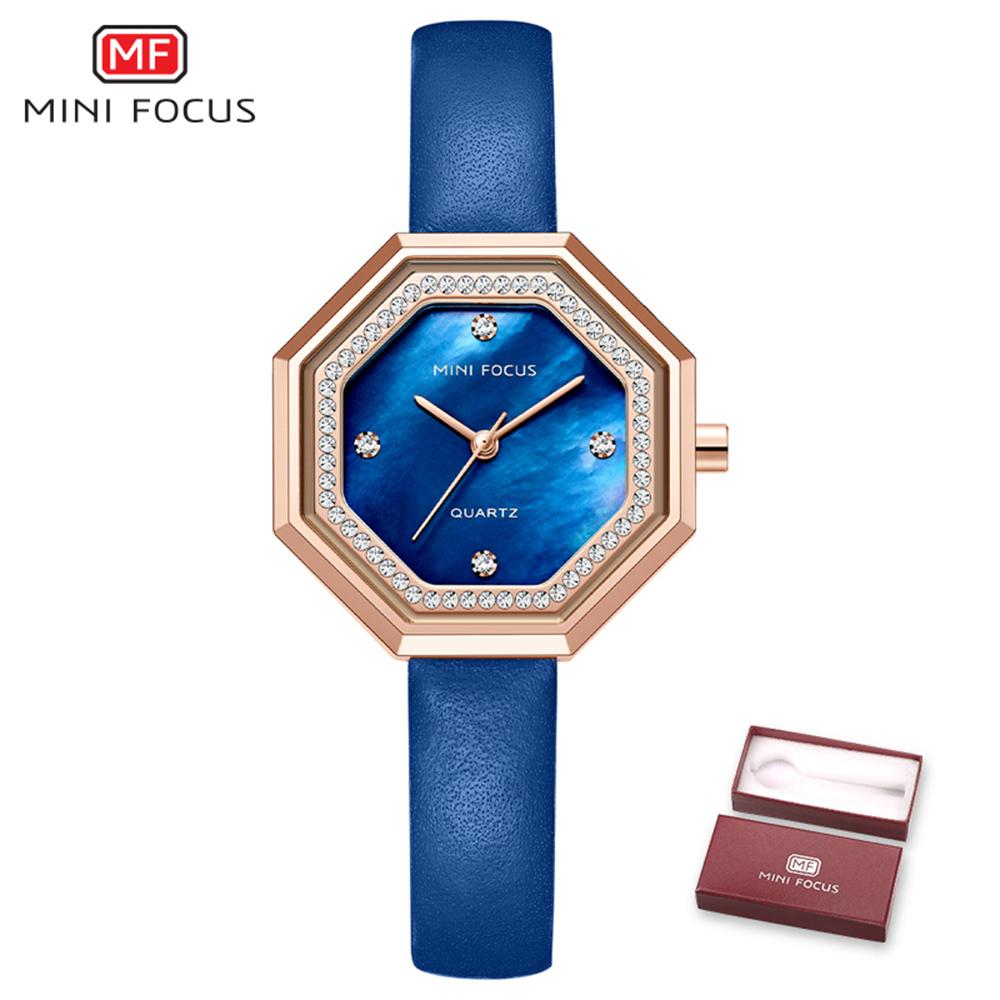  Đồng hồ thời trang nữ với dây đeo bằng da đính kim cương pha lê Chống thấm nước 
MINI FOCUS Women Quartz Watch Octagon Case