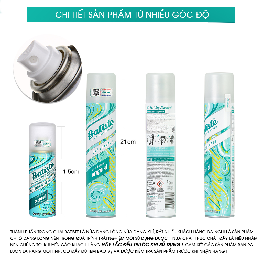 Dầu Gội Khô Batiste Dry Shampoo 50ml Hết Ngứa, Hết Bết Dính Tóc Bồng Bềnh Bóng Mượt Tức Khắc