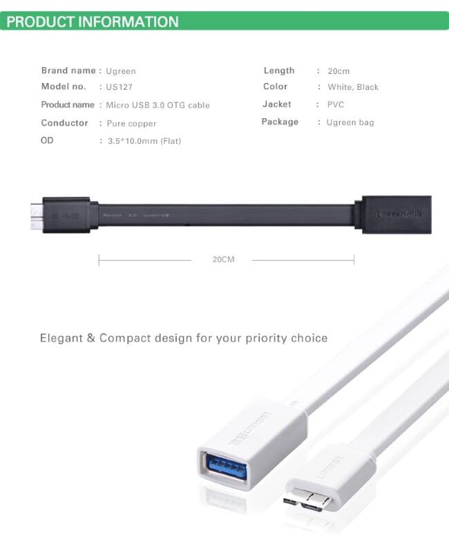 Ugreen UG10801US127TK 20CM màu Đen Cáp MICRO USB 3.0 OTG sang USB 3.0 âm dáng dẹt - HÀNG CHÍNH HÃNG