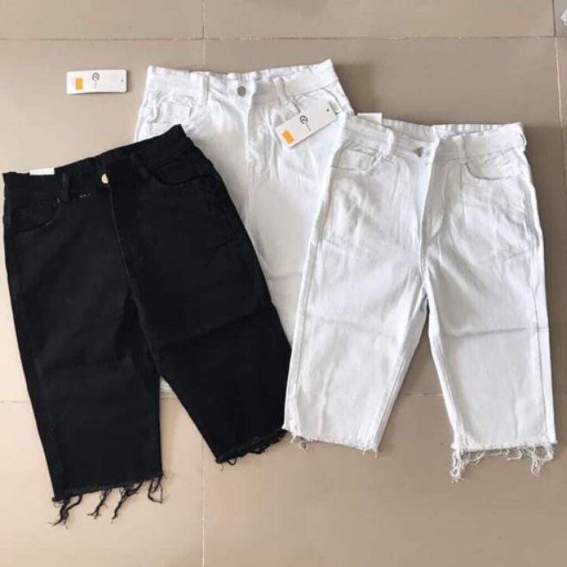 Quần ngố jean nữ chất kaki dày co giãn từ 40 - 55kg lai tua 2 màu trắng và đen