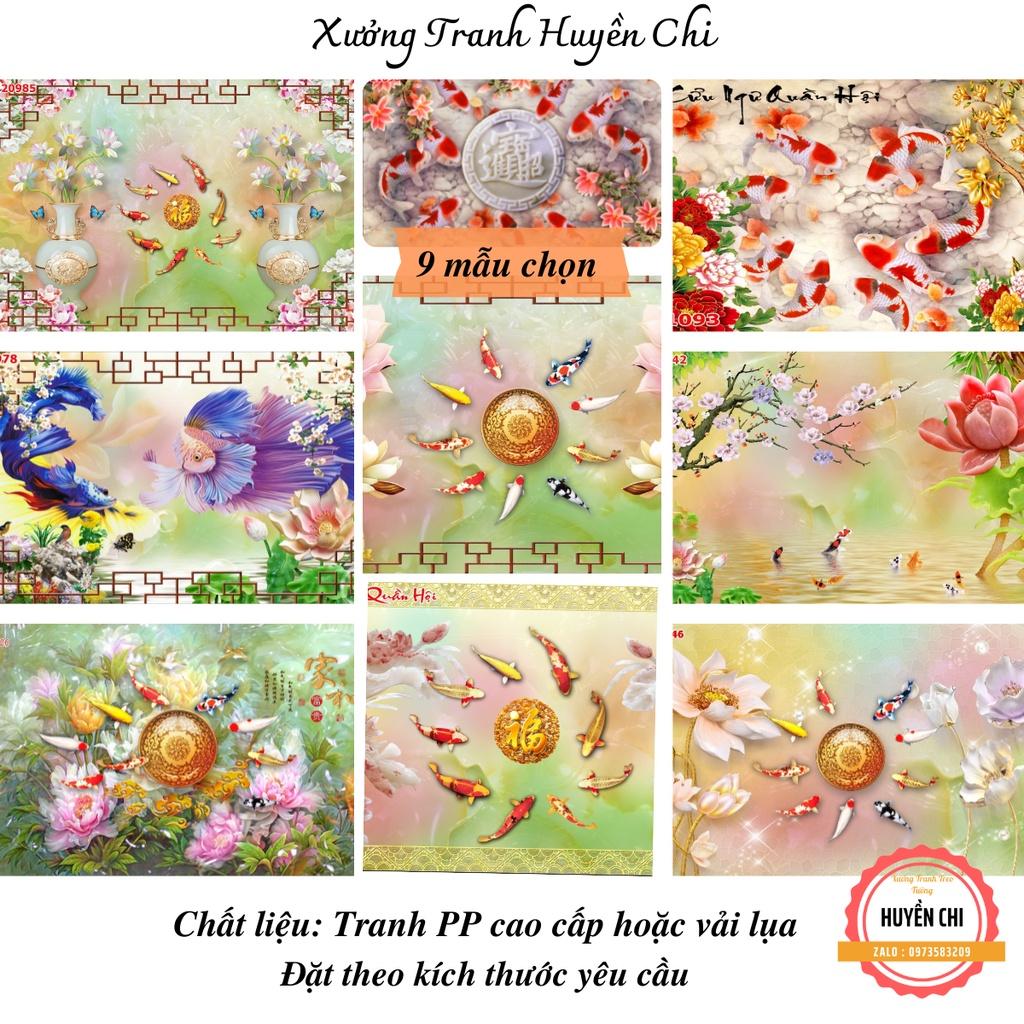 Tranh 3d dán tường trang trí phòng khách- tranh cửa ngư cá hoa sen- ép kim sa- Huyền Chi- Đặt theo kích thước yêu cầu
