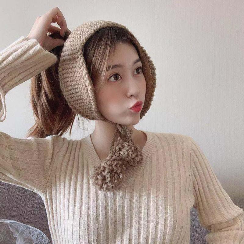 Mũ len giữ ấm trang trí quả bông xinh xắn cho nữ