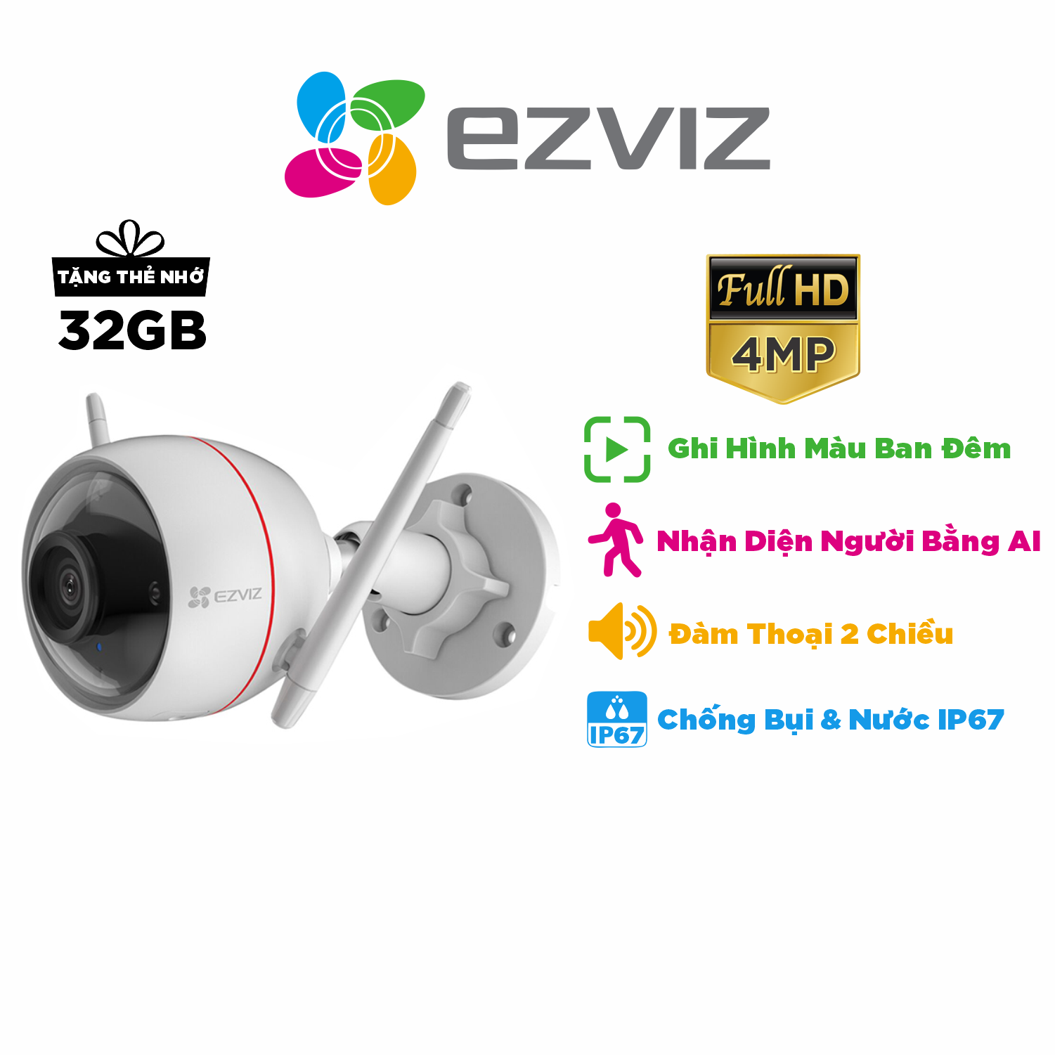 Camera EZVIZ C3W PRO 4MP, WIFI, Chống Nước IP67, Ghi Hình Màu Ban Đêm, Âm Thanh 2 Chiều, Đèn và Còi Báo Động - Hàng Chính Hãng